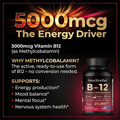Vitamin B12 with Collagen & Hyaluronic Acid, Daily Energy, Nervous System & Overall Wellness Support SEO-Optimi - Bond Well Supplies