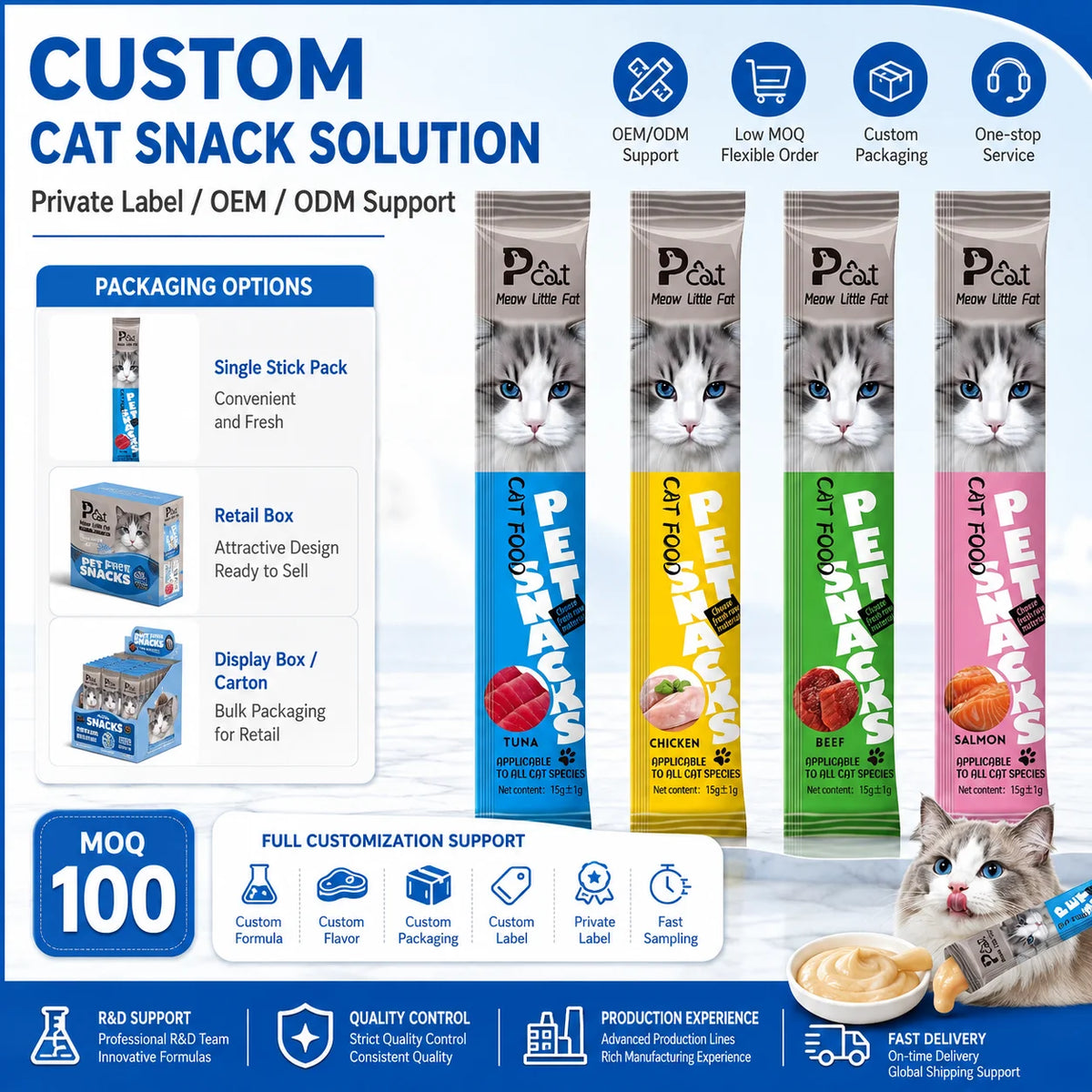 Cat Treat Snack Sticks, Soft Chews, 15g Pack, Assorted Tuna, Chicken, Beef & Salmon Flavors - Bond Well Supplies
