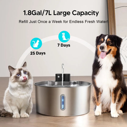 Wireless Rechargeable 7L Cat & Dog Water Fountain, Stainless Steel Automatic Sensor Pet Drinking Dispenser