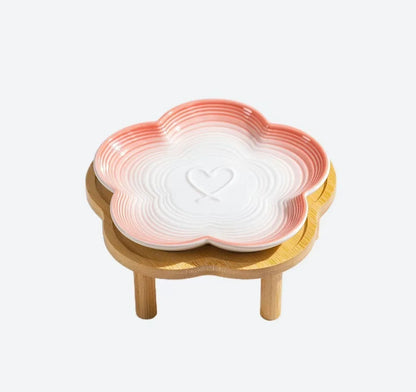 Ceramic Cat Bowl with Wooden Stand, Elevated Shallow Food Dish with Bow Knot Design for Cats and Small Pets