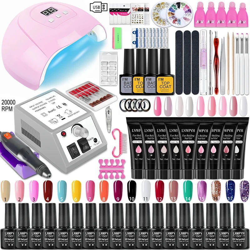 Complete Nail Extension Gel Kit, LED Nail Lamp, Nail Drill Machine, Poly Gel, Soak-Off Polish & Manicure Tools - Bond Well Supplies