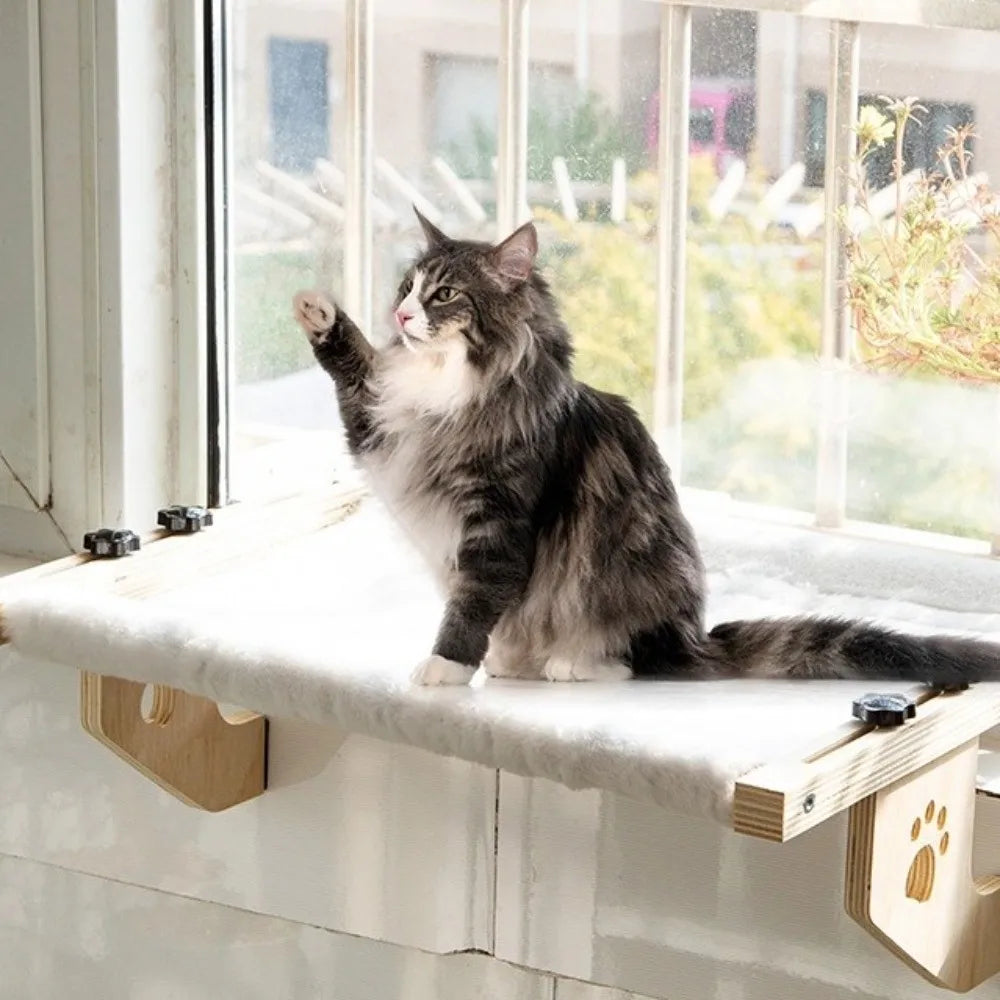 Cat Window Hammock, Durable Wooden Frame Hanging Bed with Paw Print Design for Indoor Cats - Bond Well Supplies