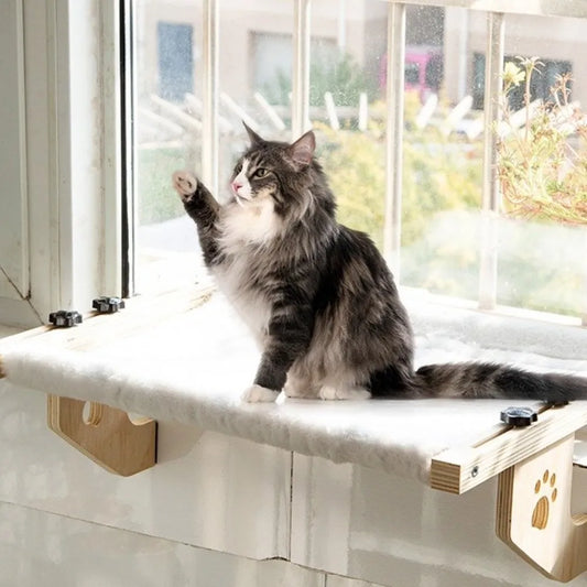 Cat Window Hammock, Durable Wooden Frame Hanging Bed with Paw Print Design for Indoor Cats - Bond Well Supplies