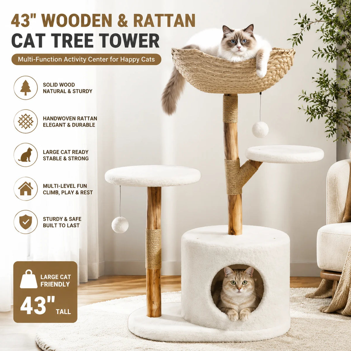 Large Rattan Cat Tree, 43-Inch Wooden Multi-Level Activity Center with Perches for Indoor Cats - Bond Well Supplies