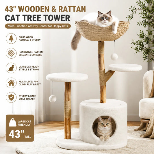 Large Rattan Cat Tree, 43-Inch Wooden Multi-Level Activity Center with Perches for Indoor Cats - Bond Well Supplies