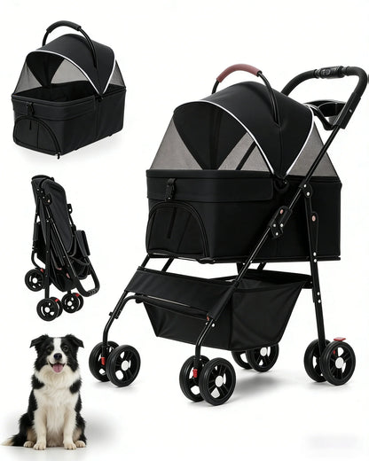 2-in-1 Pet Stroller for Small Dogs and Cats, Foldable with Removable Carrier