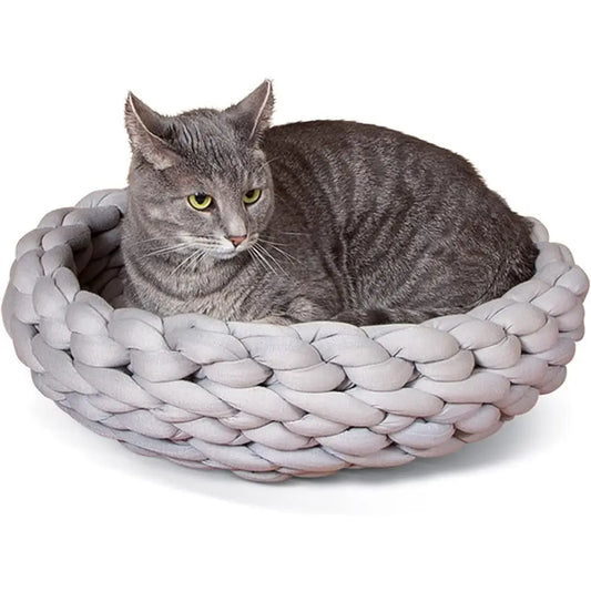 Soft Knitted Cat Bed, Round Cozy Pet Sleeping Nest, Gray, 17 x 4 Inches - Bond Well Supplies
