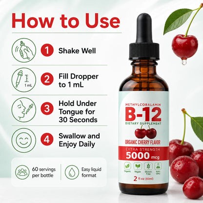 Vitamin B12 Liquid Supplement 5000mcg, Methylcobalamin Sublingual Drops, Cherry Flavor, Vegan & Sugar-Free, 60ml - Bond Well Supplies