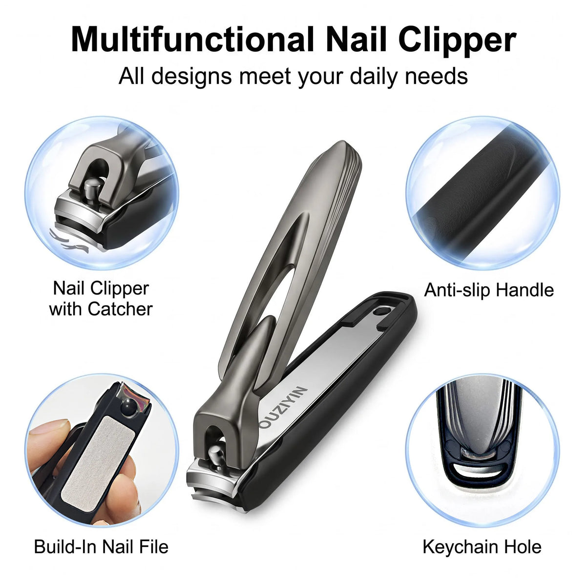 OURINER Stainless Steel Nail Clippers, Anti-Splash Nail Cutter & File Set for Manicure and Pedicure - Bond Well Supplies