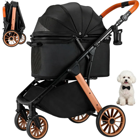 Pet Travel Stroller for Dogs and Cats with Shock-Absorbing Wheels, Foldable Design and Sun Shade