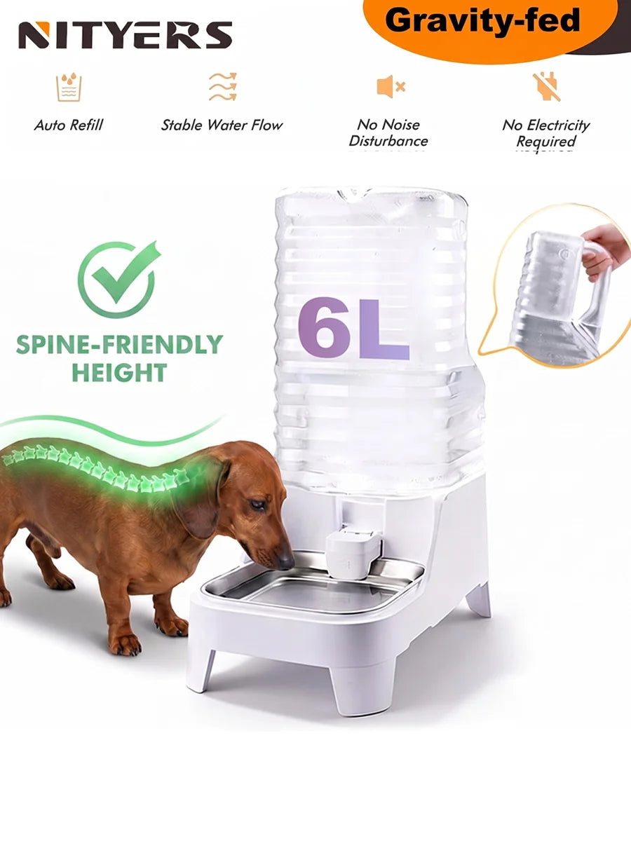NITYERS Automatic Gravity Pet Water Dispenser, 6L Raised Water Bowl for Dogs & Cats with Stainless Steel Tray, No Power Required