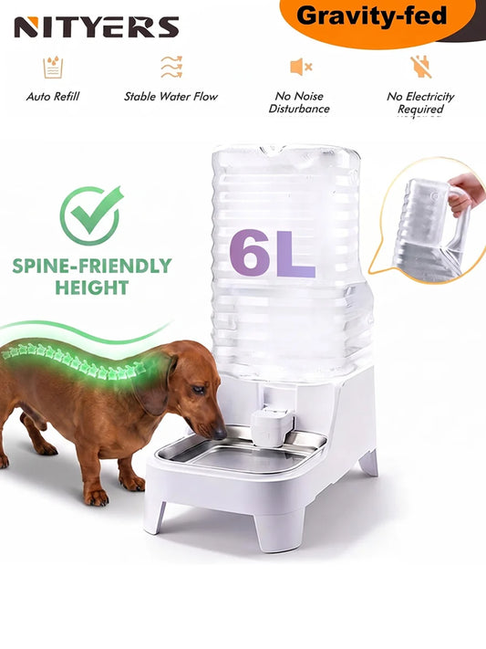 NITYERS Automatic Gravity Pet Water Dispenser, 6L Raised Water Bowl for Dogs & Cats with Stainless Steel Tray, No Power Required