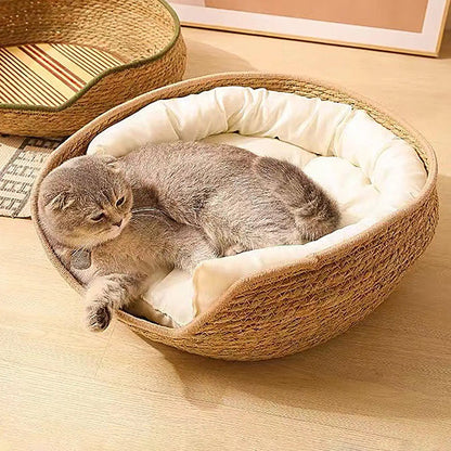 Woven Pet Bed for Cats, Cozy Nest with Soft Cushion & Pillow for Sleeping and Resting - Bond Well Supplies