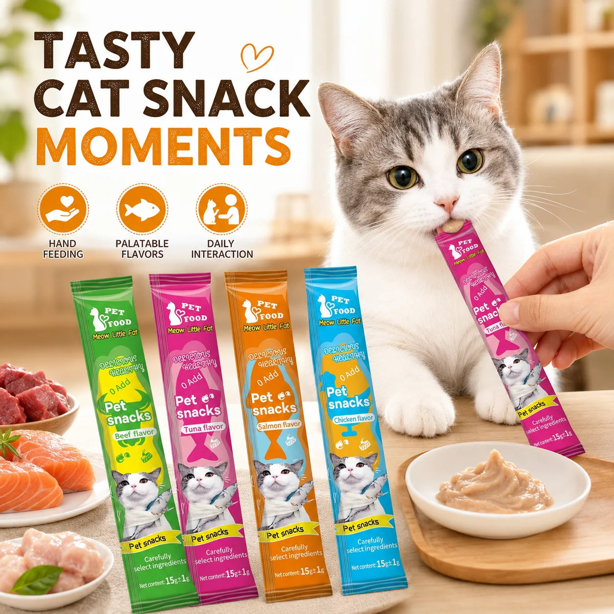 Cat Treat Snack Sticks, Soft Chews, 15g Pack, Assorted Tuna, Chicken, Beef & Salmon Flavors - Bond Well Supplies
