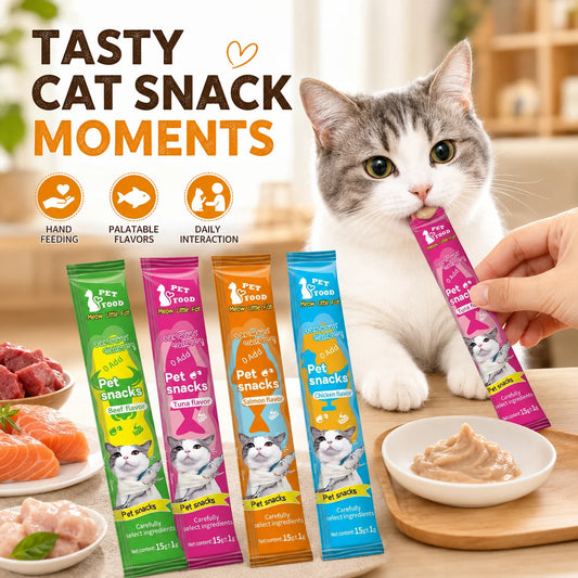 Cat Treat Snack Sticks, Soft Chews, 15g Pack, Assorted Tuna, Chicken, Beef & Salmon Flavors - Bond Well Supplies