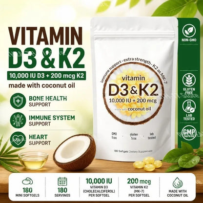 Vitamin D3 K2 Softgels with MK-7 & Coconut Oil, 10,000 IU + 200mcg, Bone & Immune Wellness Support - Bond Well Supplies