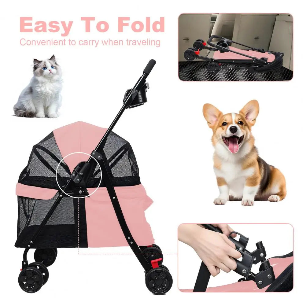 Foldable Dog & Cat Stroller, 4-Wheel Pet Carrier with Visible Window, Breathable Mesh and Cup Holder