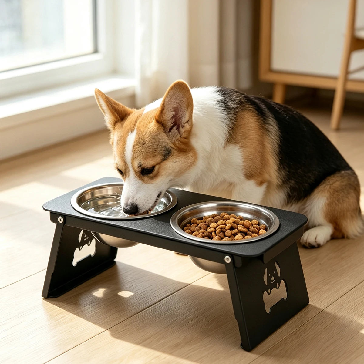 Elevated Cat & Dog Bowl, Stainless Steel Double Bowls with 15° Tilted Metal Bracket for Small Pets - Bond Well Supplies