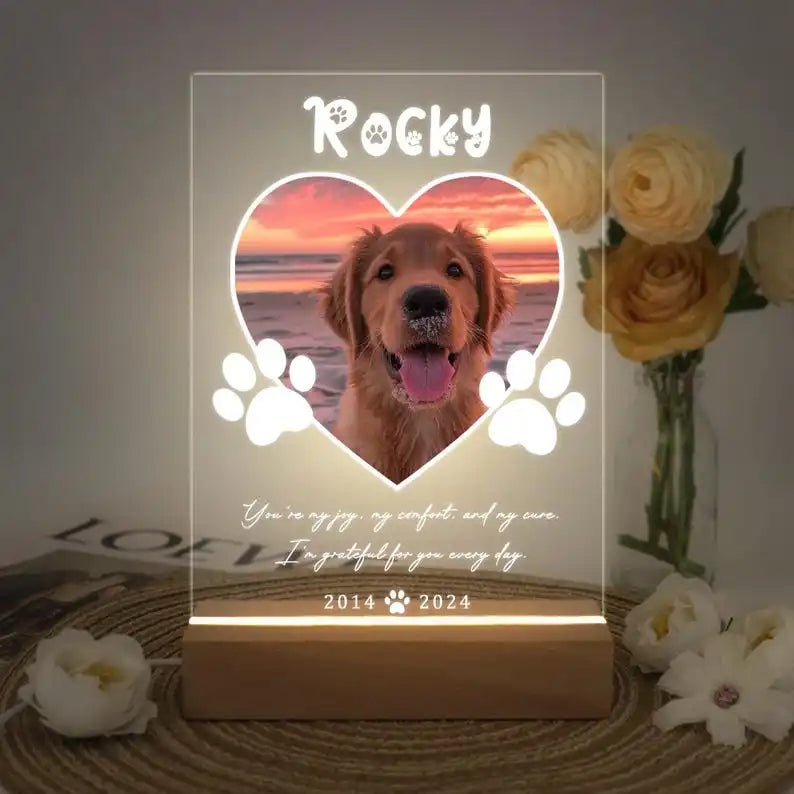 Custom Pet Photo Night Light, Personalized Acrylic Plaque for Dog and Cat Memorial Gifts