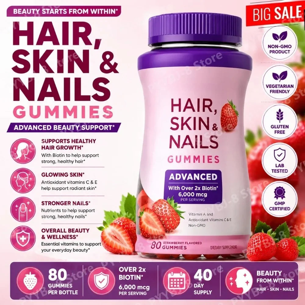 Strawberry Biotin Gummies 6000mcg, Vitamin Support Supplement for Healthy-Looking Hair, Skin & Nails, 80 Count - Bond Well Supplies