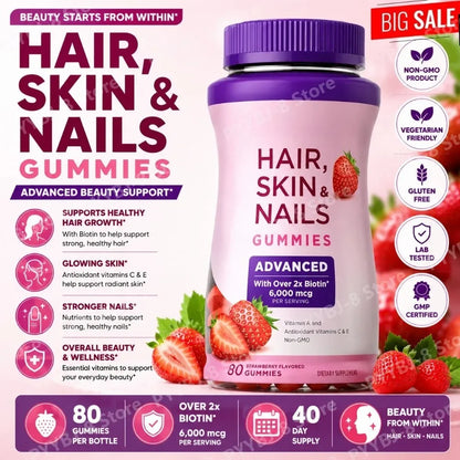 Strawberry Biotin Gummies 6000mcg, Vitamin Support Supplement for Healthy-Looking Hair, Skin & Nails, 80 Count - Bond Well Supplies