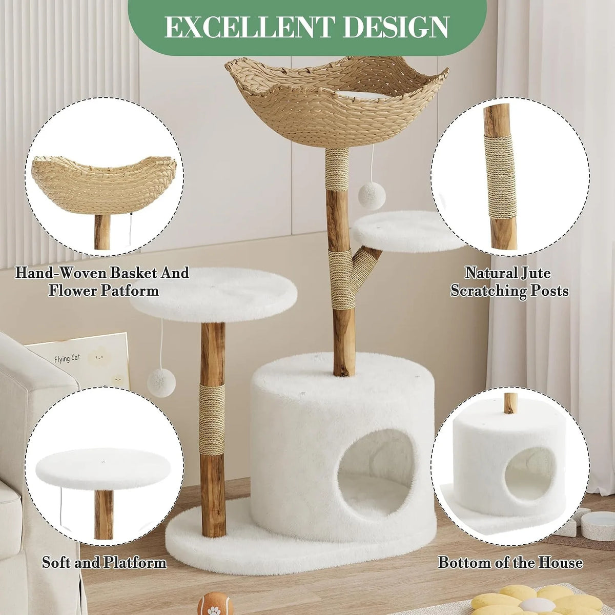 Large Rattan Cat Tree, 43-Inch Wooden Multi-Level Activity Center with Perches for Indoor Cats - Bond Well Supplies