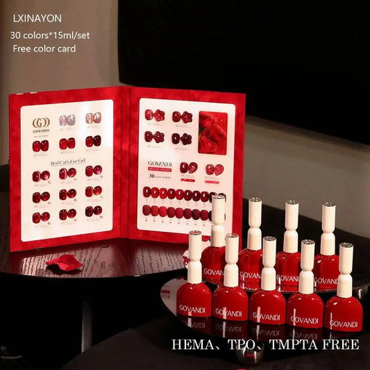 30PCS Red Crystal Cat Eye Gel Polish Set, Magnetic Soak-Off UV Nail Gel with Color Card - Bond Well Supplies
