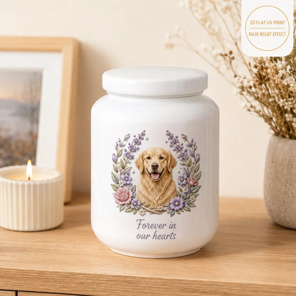 Personalized Pet Ashes Urn with AI-Generated Photo Ceramic Relief, Custom Name & Memorial Message Keepsake