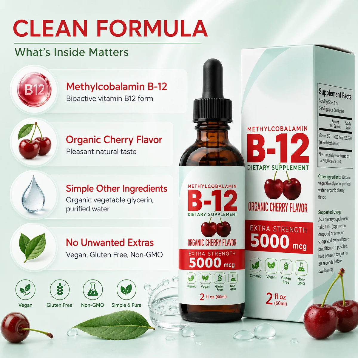 Vitamin B12 Liquid Supplement 5000mcg, Methylcobalamin Sublingual Drops, Cherry Flavor, Vegan & Sugar-Free, 60ml - Bond Well Supplies