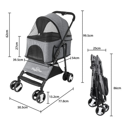 Foldable Pet Dog Stroller, 4-Wheel Travel Carrier for Dogs & Cats with Rain Cover