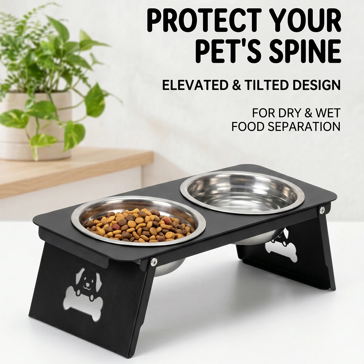 Elevated Cat & Dog Bowl, Stainless Steel Double Bowls with 15° Tilted Metal Bracket for Small Pets - Bond Well Supplies