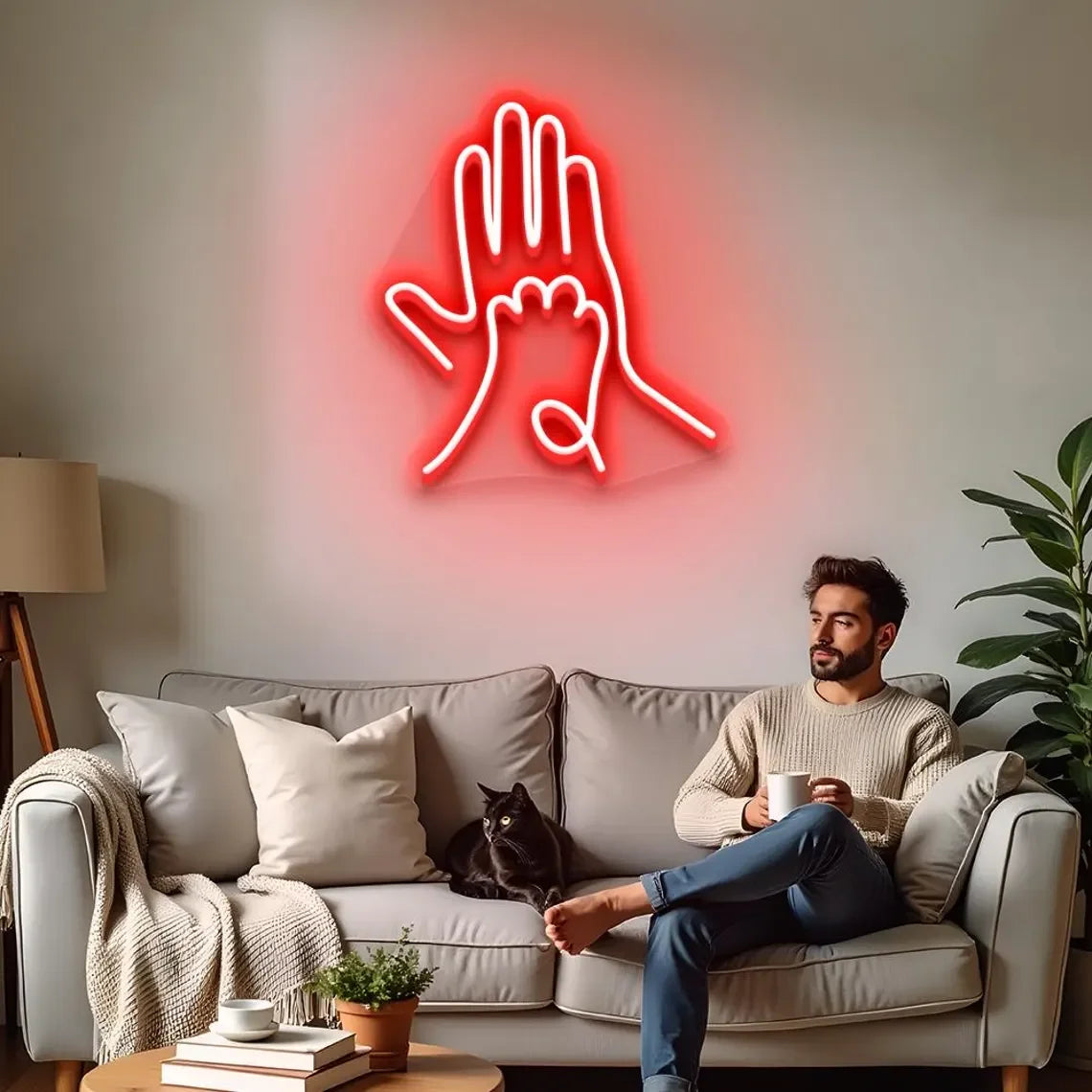 Human Hand and Paw Neon Sign, LED Hand to Paw Wall Light for Pet Lovers and Home Decor
