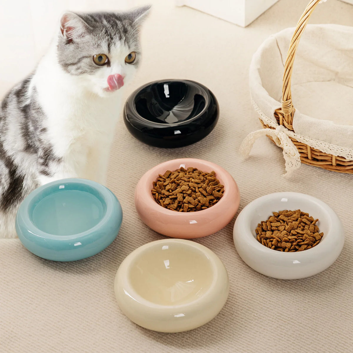Anti-Tip Ceramic Cat Bowl, Donut-Shaped Food & Water Dish for Cute Home Pet Feeding - Bond Well Supplies