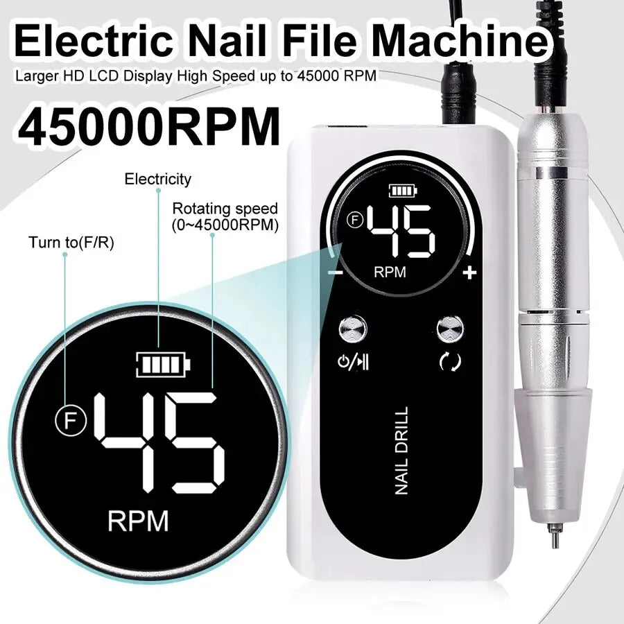 Professional 45,000 RPM Rechargeable Electric Nail Drill Machine