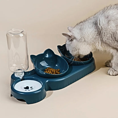 3-in-1 Pet Feeding Bowl with Gravity Water Bottle, Tilted Cat Food & Water Dish with Neck-Friendly Design - Bond Well Supplies