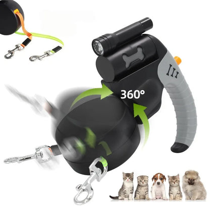 Retractable Double Dog Leash with LED Flashlight, 3M Dual Lead