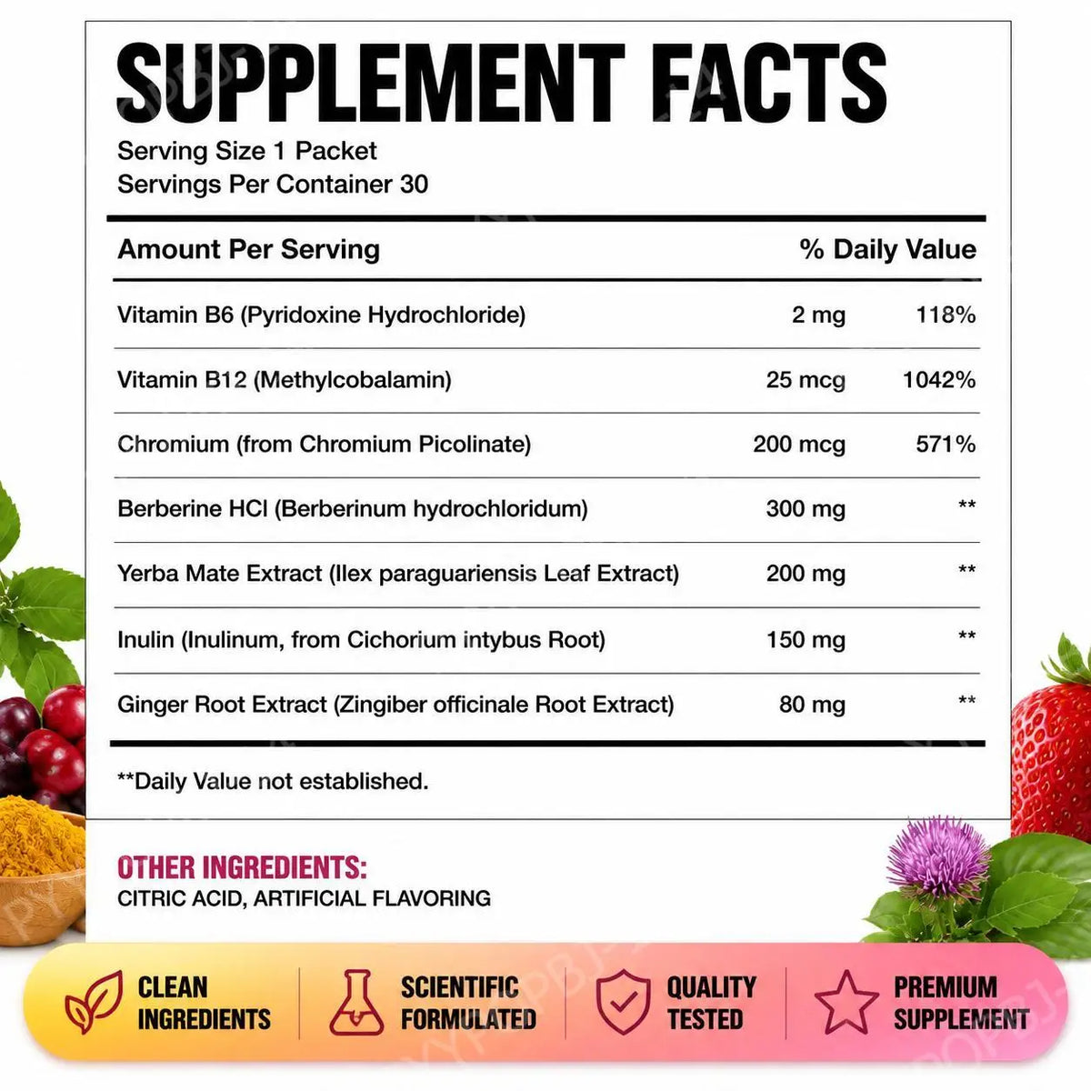 Berberine HCl Powder Drink Mix with Yerba Mate, Chromium, B6 & B12, Daily Wellness Supplement - Bond Well Supplies