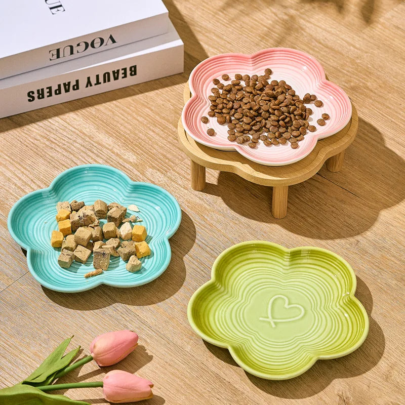 Ceramic Cat Bowl with Wooden Stand, Elevated Shallow Food Dish with Bow Knot Design for Cats and Small Pets