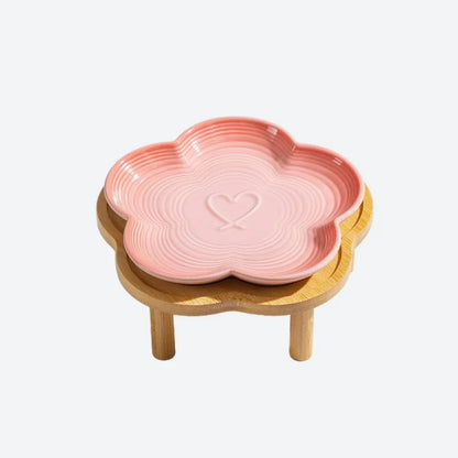 Ceramic Cat Bowl with Wooden Stand, Elevated Shallow Food Dish with Bow Knot Design for Cats and Small Pets