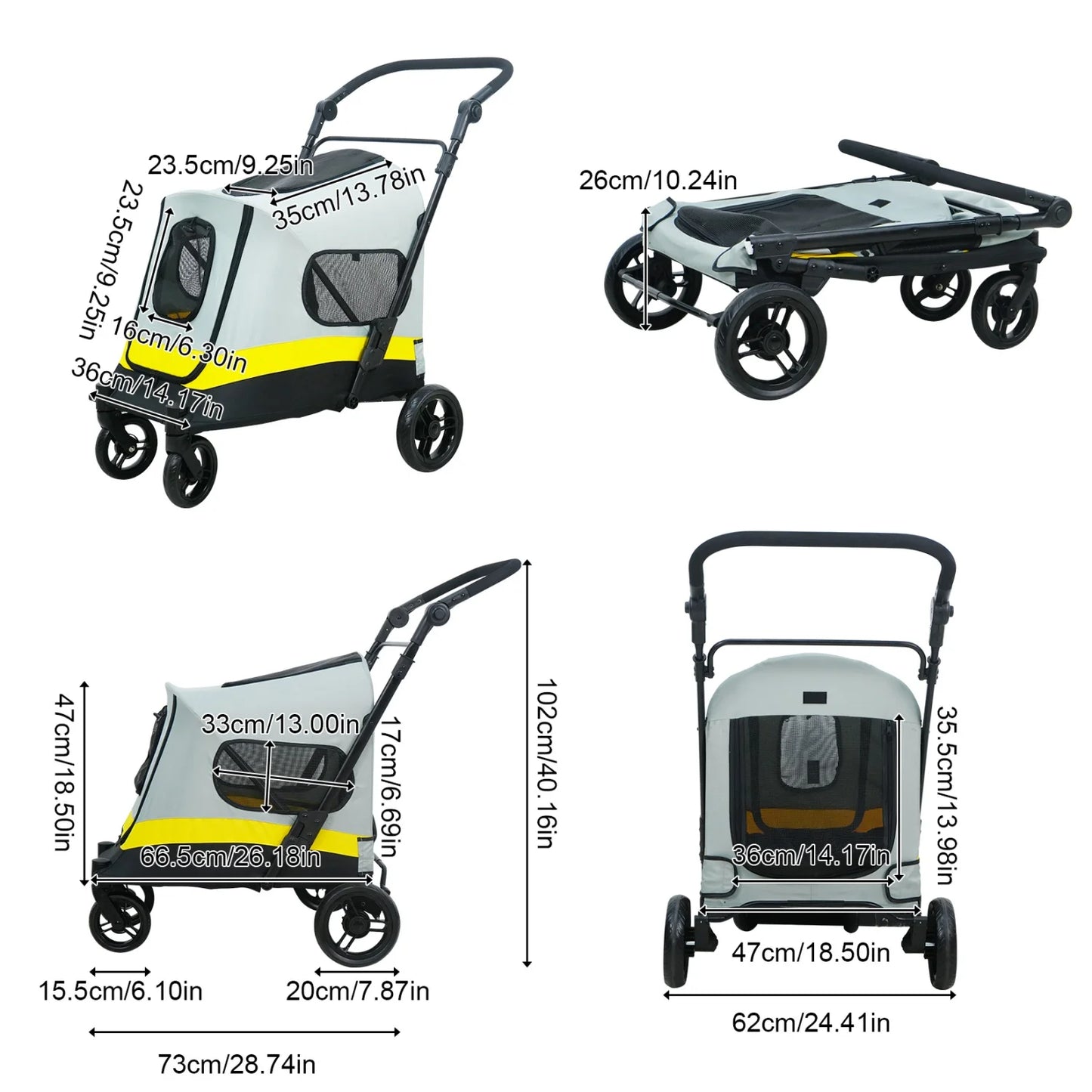 Foldable Dog Stroller for Small to Large Dogs, 4-Wheel Pet Jogging Carriage with Breathable Visible Mesh