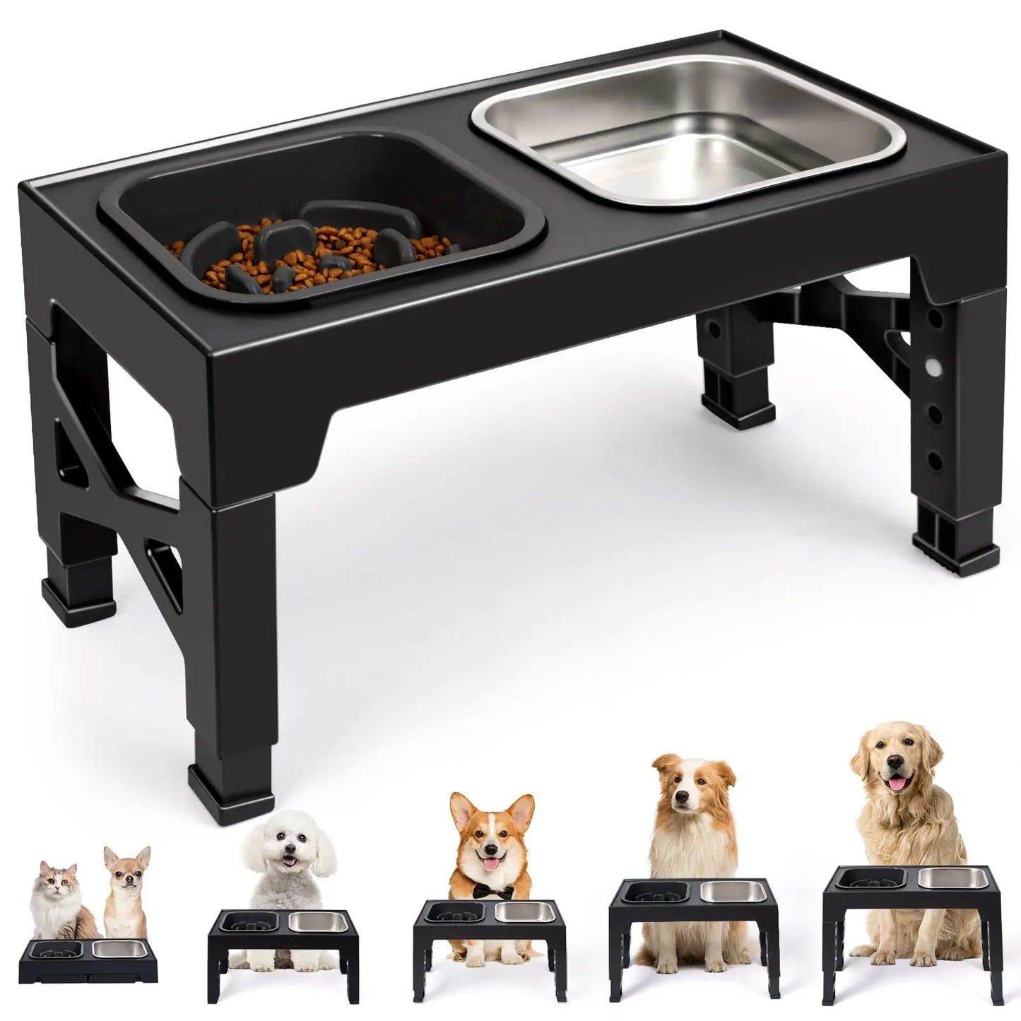 2-in-1 Elevated Slow Feeder Dog Bowls with Foldable Stand, Food and Water Set