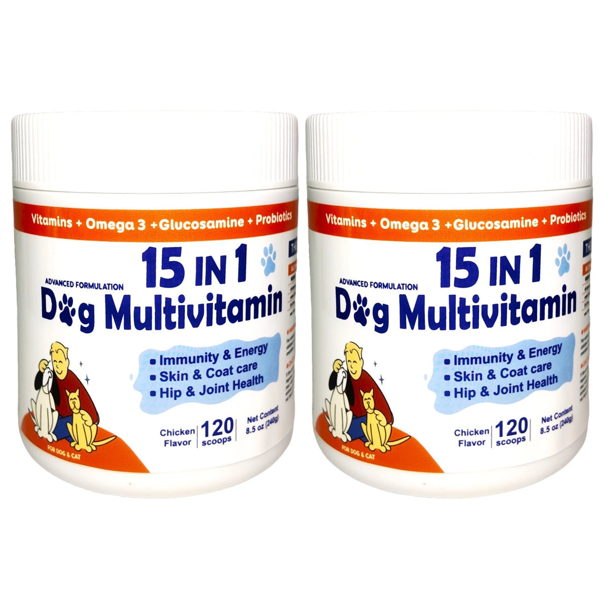 Dog Daily Health Supplement Powder, 15-in-1 Chicken Flavor Formula, 120 Scoops for Overall Wellness - Bond Well Supplies