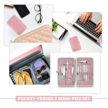 Professional Manicure & Pedicure Set, 15-Piece Nail Clippers & Nail Care Tools with Travel Case, Purple - Bond Well Supplies