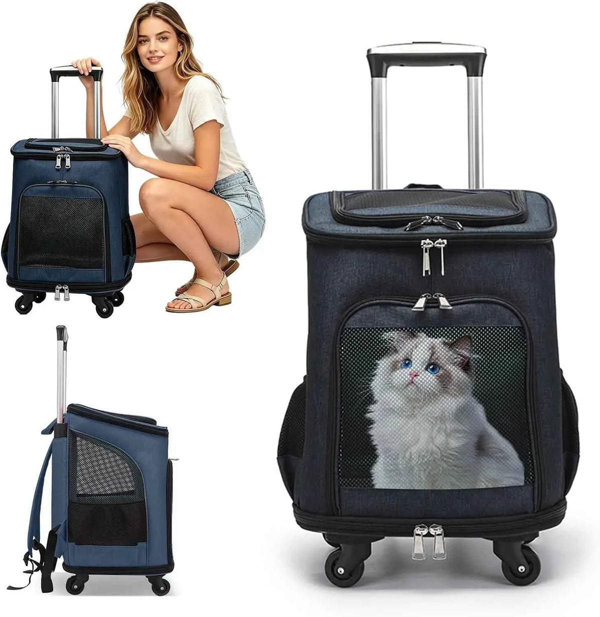Airline-Approved Pet Carrier Backpack, 3-in-1 Rolling Design with Removable Pad for Cats & Small Dogs