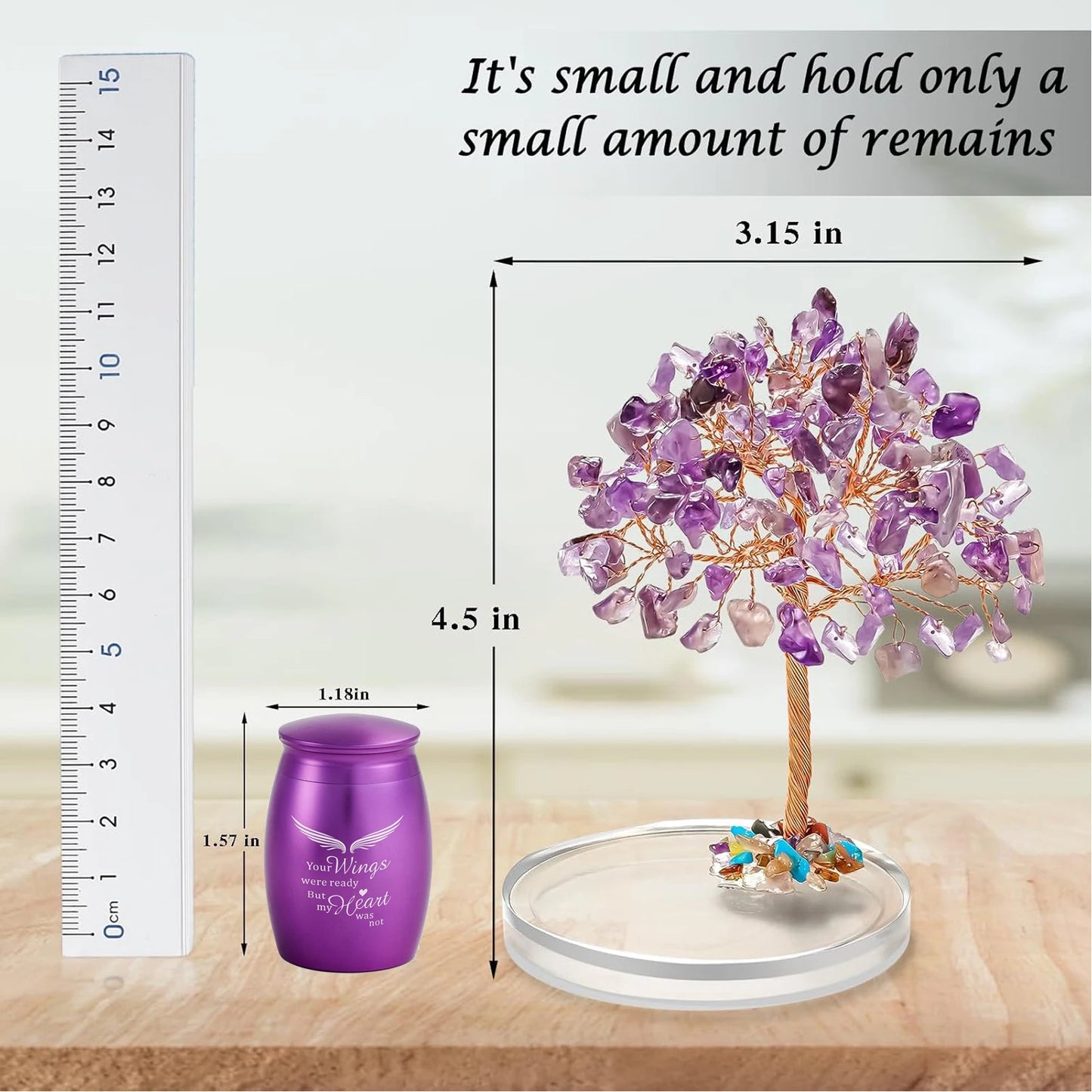 Angel Wings Keepsake Urns for Ashes, Set of 2 Mini Urns with Amethyst Crystal Tree
