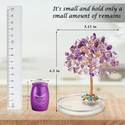 Angel Wings Keepsake Urns for Ashes, Set of 2 Mini Urns with Amethyst Crystal Tree