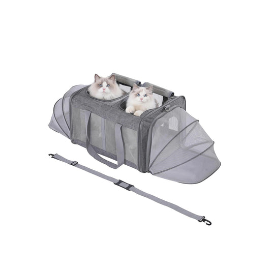 Expandable Double Pet Carrier for 2 Cats or Small Dogs, Grey Polyester Bag with Dual Expandable Panels
