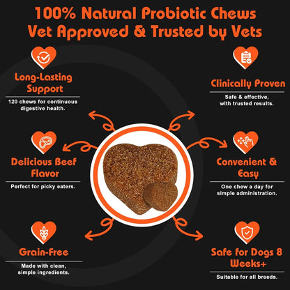 Dog Digestive Support Chews with Probiotics & Postbiotics, Soft Chews for Daily Gut Health, 120 Count