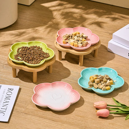 Ceramic Cat Bowl with Wooden Stand, Elevated Shallow Food Dish with Bow Knot Design for Cats and Small Pets