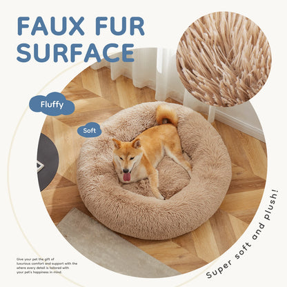 Cozy Round Plush Dog & Cat Bed, Faux Fur Cuddler with Non-Slip Base, Machine Washable Indoor Pet Bed